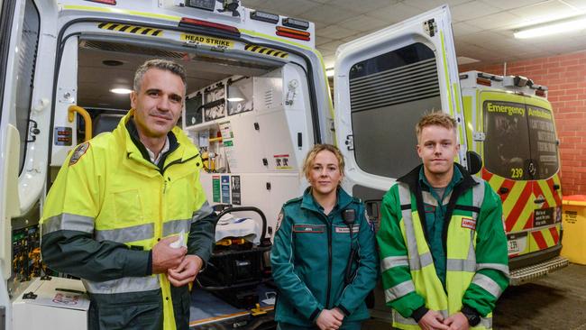 Premier Peter Malinauskas with paramedics Luke Nottage and Jess Bastian on June 4. Picture: Brenton Edwards