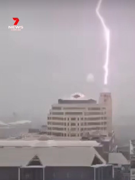 Lightning strikes the top of the Myer Centre in Adelaide, Dec 11, 2023. Picture: 7NEWS