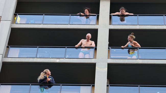 Members of the Australian Olympic team arrive at their hotel for quarantine in Sydney. Picture: NCA NewsWire / Dylan Coker