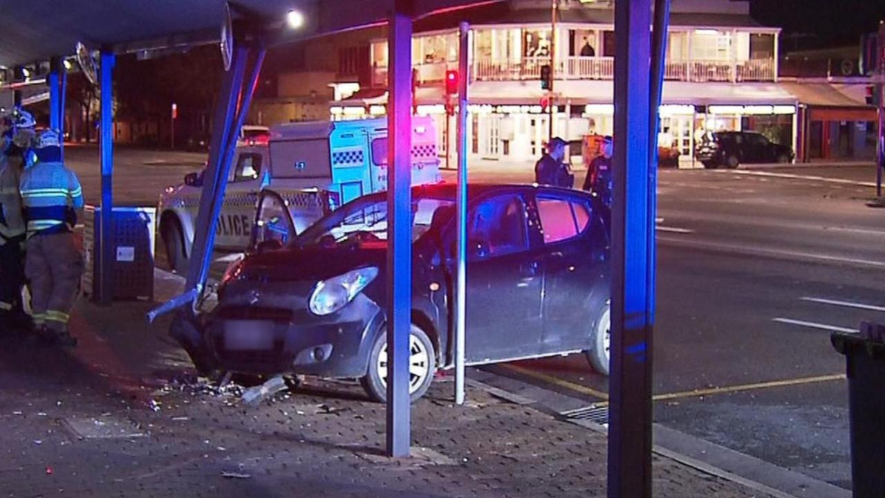 An alleged drunk P-plate driver is in hot water after crashing into a veranda outside a North Adelaide cafe. Picture: 7NEWS