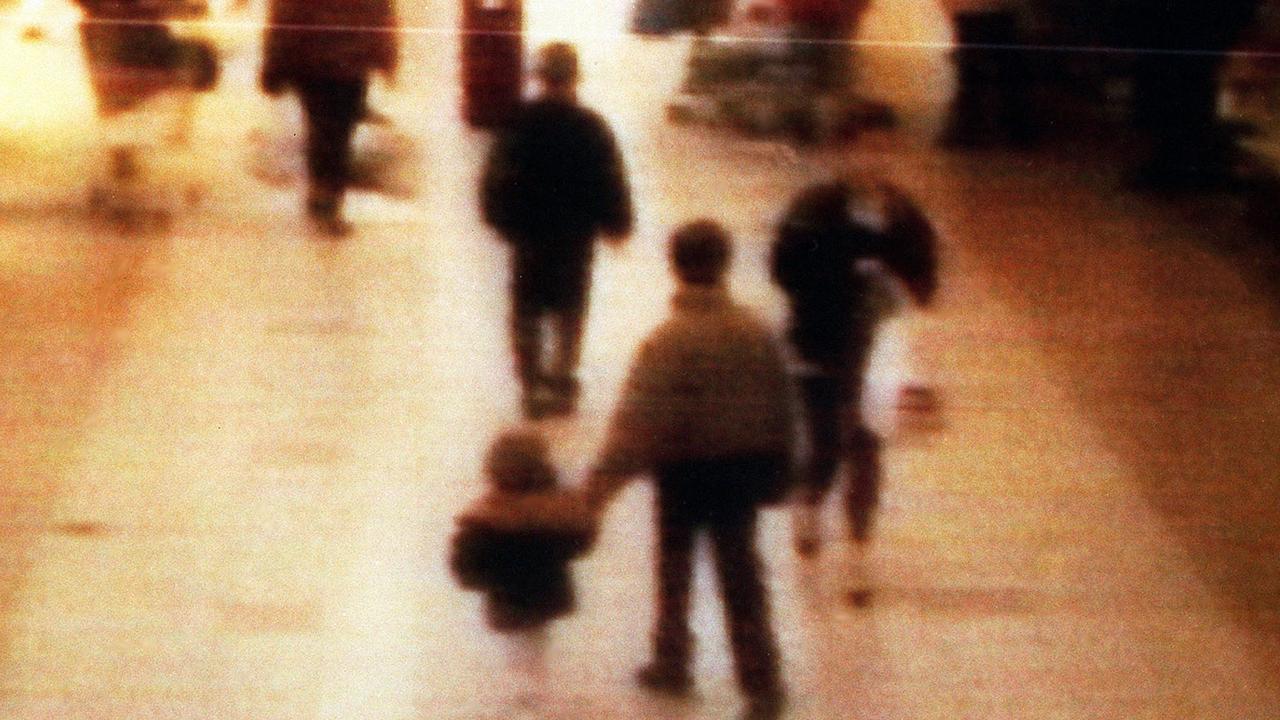 A surveillance camera shows the abduction of two-year-old James Bulger from the Bootle Strand shopping mall February 12 1993 at 3:42pm near Liverpool, England. Picture: BWP Media via Getty Images