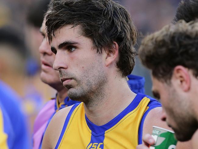 PERTH, WESTERN AUSTRALIA - AUGUST 05: Andrew Gaff of the Eagles looks on at the break during the round 20 AFL match between the West Coast Eagles and the Fremantle Dockers at Optus Stadium on August 5, 2018 in Perth, Australia.  (Photo by Will Russell/AFL Media/Getty Images)