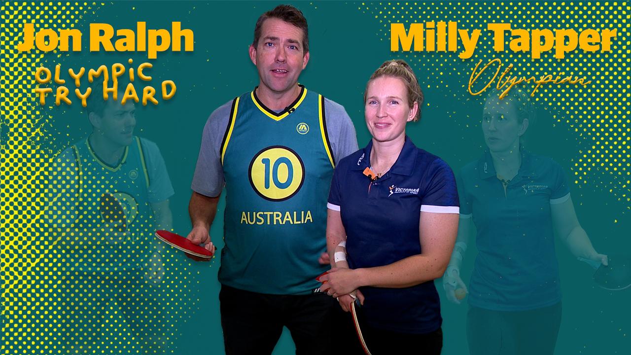 Jon Ralph, the Olympic try hard, takes on two-time Olympian and three-time Paralympian Milly Tapper in table tennis.