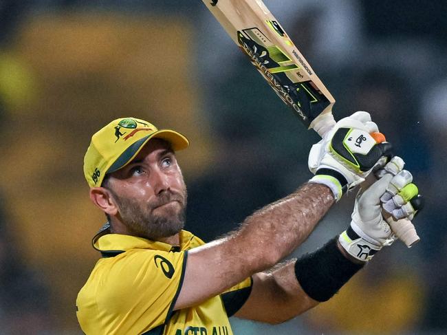 Australia's Glenn Maxwell plays a shot during the 2023 ICC Men's Cricket World Cup one-day international (ODI) match between Australia and Afghanistan at the Wankhede Stadium in Mumbai on November 7, 2023. (Photo by INDRANIL MUKHERJEE / AFP) / -- IMAGE RESTRICTED TO EDITORIAL USE - STRICTLY NO COMMERCIAL USE --