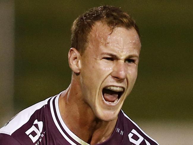 ALTERNATIVE CROP.  Daly Cherry-Evans of the Sea Eagles celebrates scoring the winning field goal during the round 2 NRL match between the Sydney Roosters and the Manly Warringah Sea Eagles at Leichhardt Oval, Saturday, March 21, 2020. (AAP Image/Darren Pateman) NO ARCHIVING, EDITORIAL USE ONLY