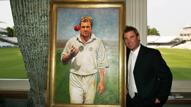Shane Warne with his portrait, which hangs in the pavilion at Lord's Cricket Ground in London. Picture: News Corp Australia/Phil Hillyard