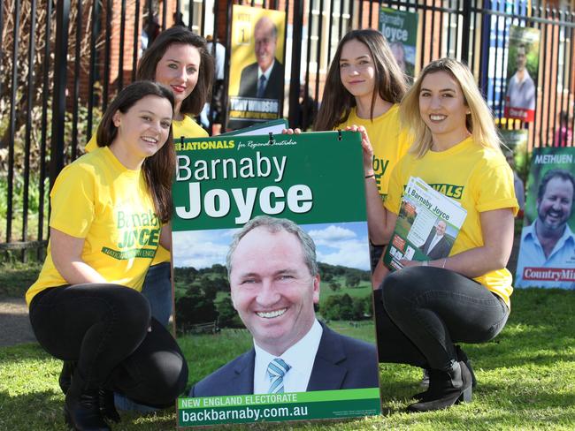 Barnaby Joyce’s daughters Caroline, Bridgette, Odette and Julia were all out supporting their dad leading up to the 2016 federal election in 2016, but were nowhere to be seen during the recent by-election. Picture: Marlon Dalton