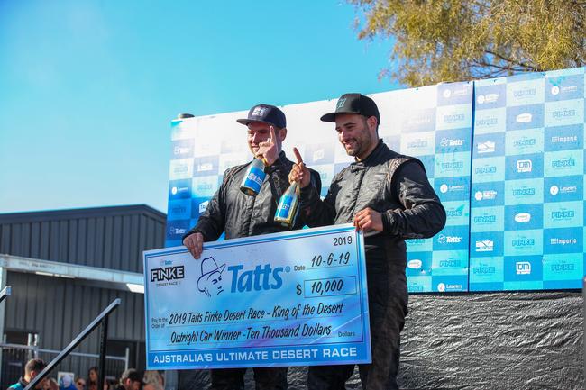 Jack Rhodes and Dave Pullino were crowned the Kings of the Desert for the 2019 Tatts Fine Desert Race. Pic: MATT HENDERSON