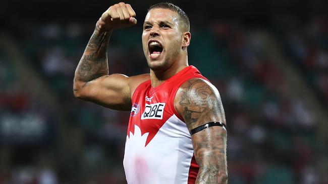 Sydney’s Lance Franklin celebrates kicking an incredible goal.