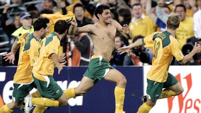 (L-R) Tony Vidmar, Scott Chipperfield, John Aloisi and Vincent Grella were part of the star-studded Socceroos squad that defeated Uruguay to book a World Cup 2006 finals berth.