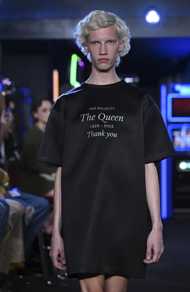 JW Anderson’s spring show ended with a black T-shirt dress embroidered with the words: “Her Majesty The Queen, 1926-2022, Thank you.” Picture: Getty Images