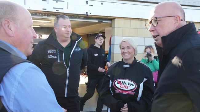 Liberal candidate for Lyons Susie Bower with Leader of the Opposition Peter Dutton at Symmons Plains Raceway. An elected Dutton Coalition Government will invest $5.4 million to upgrade TasmaniaÃ&#149;s premier motorsport venue, Symmons Plains Raceway, delivering significant improvements for spectators, competitors, and the wider community. Picture: supplied