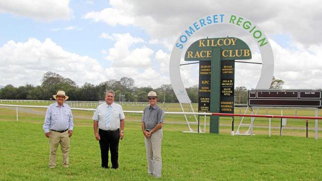 Kilcoy Race Club president Con Searle, Somerset Mayor Graeme Lehmann and Kilcoy Race Club vice-president Ian McCauley near the new Kilcoy Racecourse finish post.