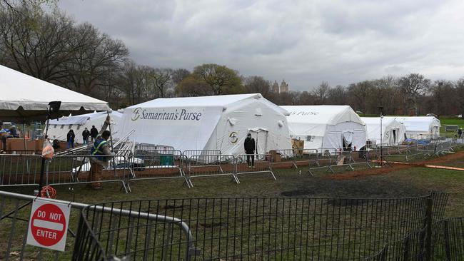 An emergency field hospital for patients suffering from the coronavirus in New York’s Central Park. Picture: AFP