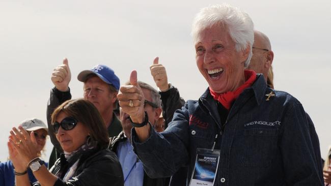 Wally Funk, right, a pilot who trained to be an astronaut in the 1960s, is also joining the launch. Picture: AFP