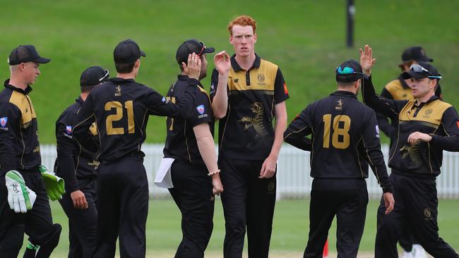 jack Nisbet of Sydney celebrates the wicket of Nicholas Stapleton of St George during Kingsgrove Sports T20 Cup.