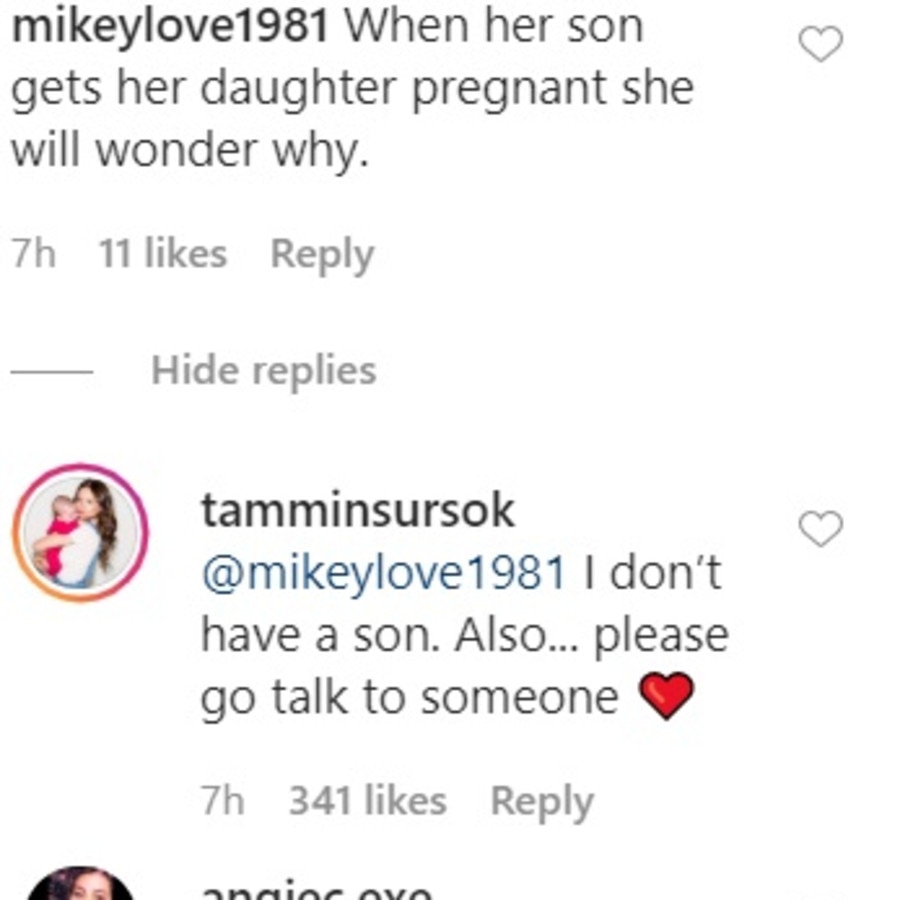 Tammin was quick to shut down a follower after their negative comment. Picture: Instagram/TamminSursok