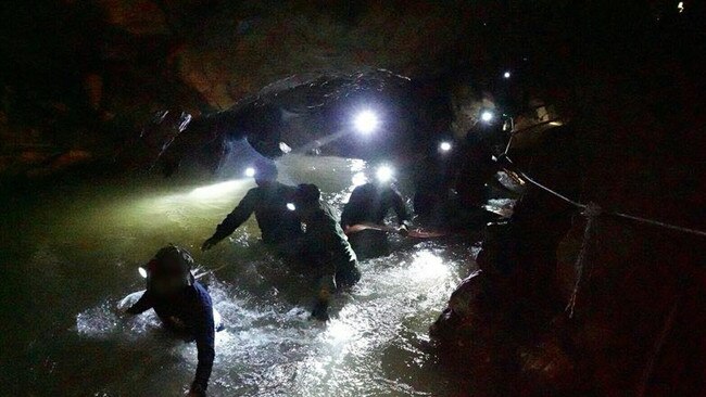 Thai Navy divers in the Tham Luang cave during rescue operations. Picture: Getty