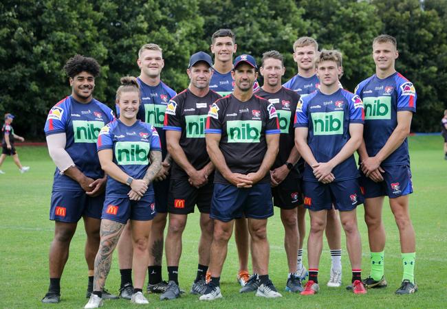 Junior players and coaches (L to R ) Noah Nailagoliva, Jayme Fressard, Max Bradbury, Danny Buderus, Navren Willett, Andrew Johns, Kurt Gidley, Oryn Keeley, Jye Linnane and Liam Sutton. Picture: Liam Driver