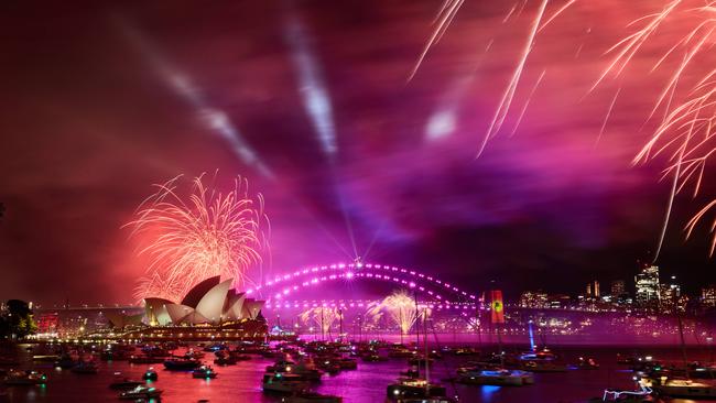 The 9pm Calling Country fireworks in Sydney, the first of the New Year’s Eve program. Picture: NewsWire / Flavio Brancaleone