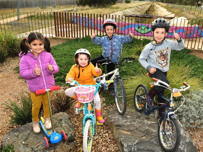 Kids enjoy the new Pocket Park at Willaims Landing in Victoria. This park was built over an old sewage line. Nishka Rana (4), Aoife Mac Gowan (4), Craig Hamza (7) and Finlay Mac Gowan give the park the thumbs up along with the Minister for Environment, Lily D'Ambrosio.  POCKET PARKS, Two in each of the following electorates Ñ Prahran, Richmond, Albert Park, Eltham and Bentleigh. One in each of the following electorates Ñ Footscray, Brunswick, Northcote, Williamstown, Essendon, Oakleigh, Caulfield and Ivanhoe. Picture: Tony Gough