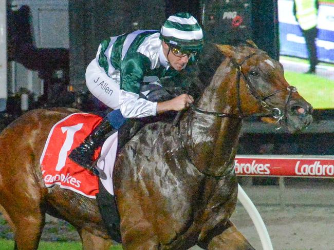 Ziryab (GB) ridden by John Allen wins the Chris Newman Electrics Class 1 Handicap at Cranbourne Racecourse on April 05, 2024 in Cranbourne, Australia. (Photo by Ross Holburt/Racing Photos via Getty Images)