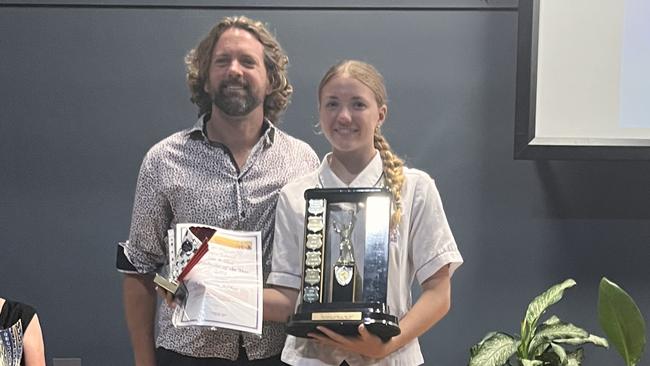 Sue Arthur Volleyballer of the Year - Sienna Arthur with Volleyball coach Mr Dave Arthur - Tin Can Bay State School Awards 2023.