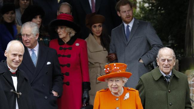 Prince Harry and Meghan Markle with the Queen, Prince Philip, Prince Charles and Camilla on Christmas Day in 2017. Picture: AFP