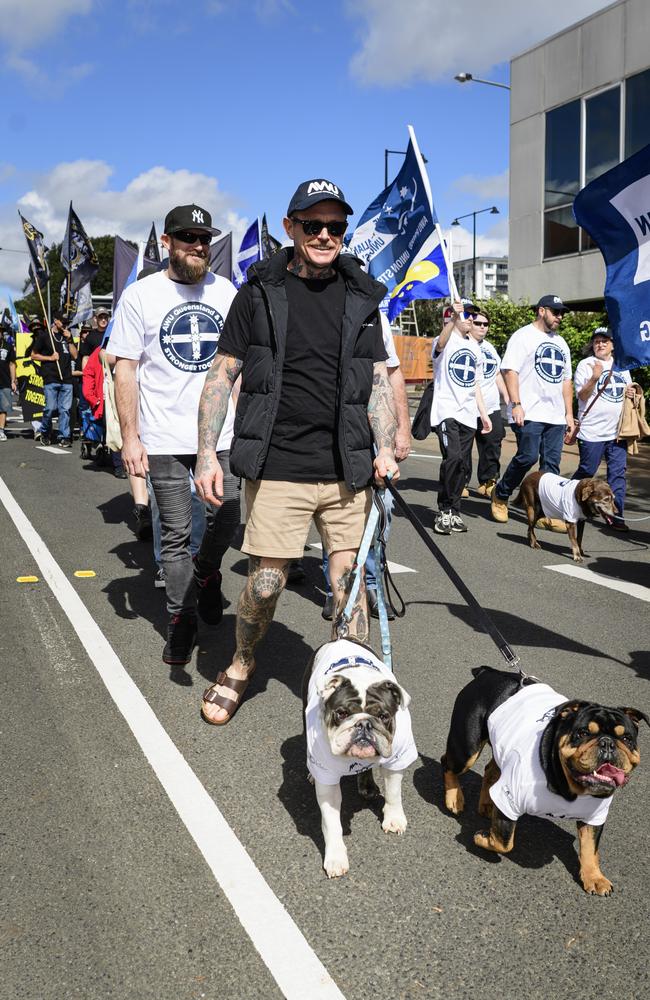 Troy Downie and his dogs Danzig (left) and Iggy march with the AWU in the Toowoomba Labour Day March, Saturday, May 3, 2025. Picture: Kevin Farmer