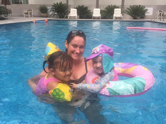 Canberra mum Kathie Potts with her daughter Annabelle and another Australian child Annabelle Nguyen in Monterrey Mexico. Picture: Supplied