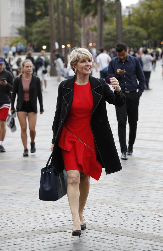 Former foreign minister Julie Bishop at Circular Quay on Tuesday after a speaking engagement at Cockatoo Island. Picture: David Swift