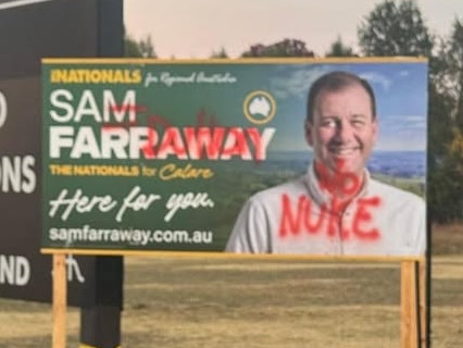 LEGAL WARNING - check if blur is needed before online. Blatant vandalism going after the National member's signage in the central west seat of Calare. Picture: supplied/Jack Nivison