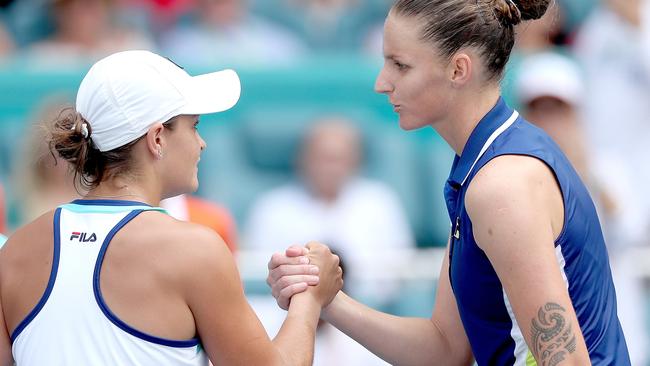 Ash Barty (left) after beating Karolina Pliskova in the Miami Open in March. Picture: Getty Image