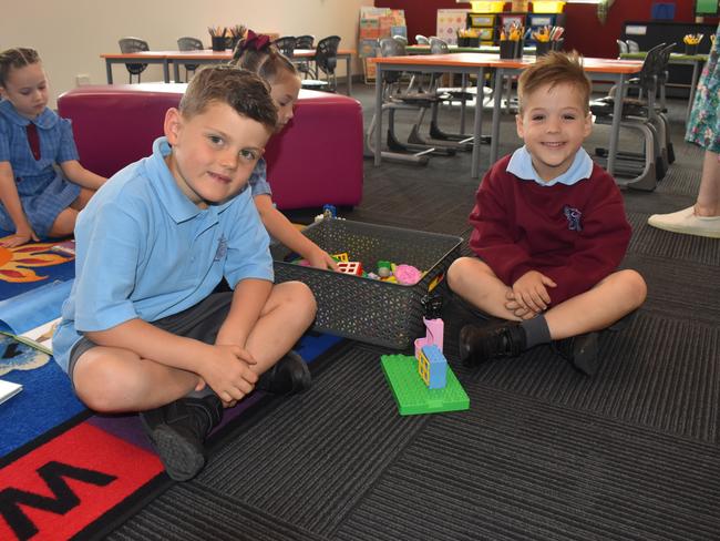 Preppies Sonny Sinclair and Jude Burt on their first day at St Gabriel's Primary School, Traralgon on January 30, 2025. Picture: Jack Colantuono