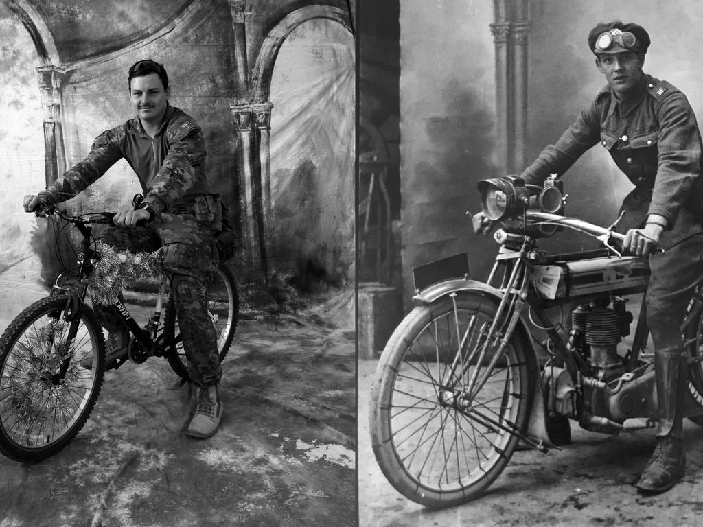 Left: PTE Nathan Prentice, 23, from Whorouy Victoria. Picture: Gary Ramage. The photograph on the right is an original taken in France during WW1 of an Aussie Digger.