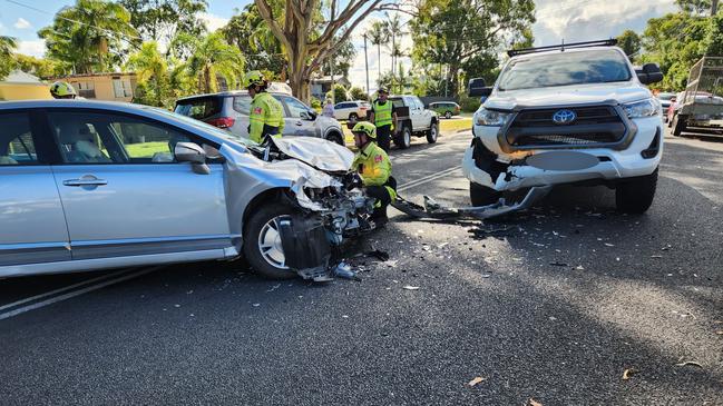 A sedan collided head-on with a ute after earlier taking out a parked boat and trailer in Sawtell on Wednesday. Picture: Facebook