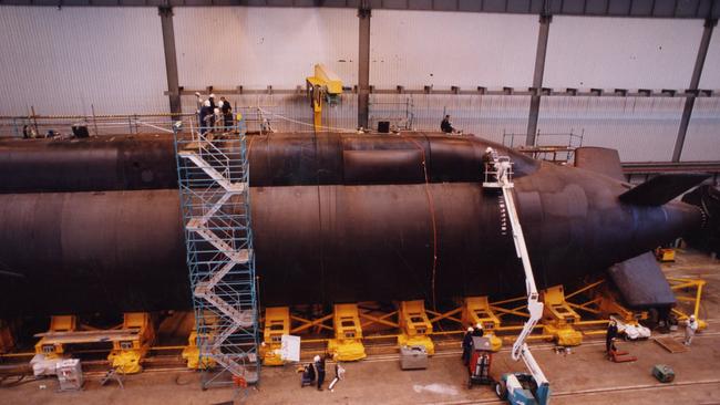 The first of Australia's 2500-tonne Collins class submarines nears completion in Osborne in 1993. We have now arrived at the right decision, when it is almost too late.