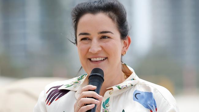 GOLD COAST, AUSTRALIA - MARCH 08: Laura Kane, AFL Executive General Manager of Football speaks to the media during a 2024 AFL Opening Round Media Opportunity at Kurrawa Beach on March 08, 2024 in Gold Coast, Australia. (Photo by Dylan Burns/AFL Photos via Getty Images)