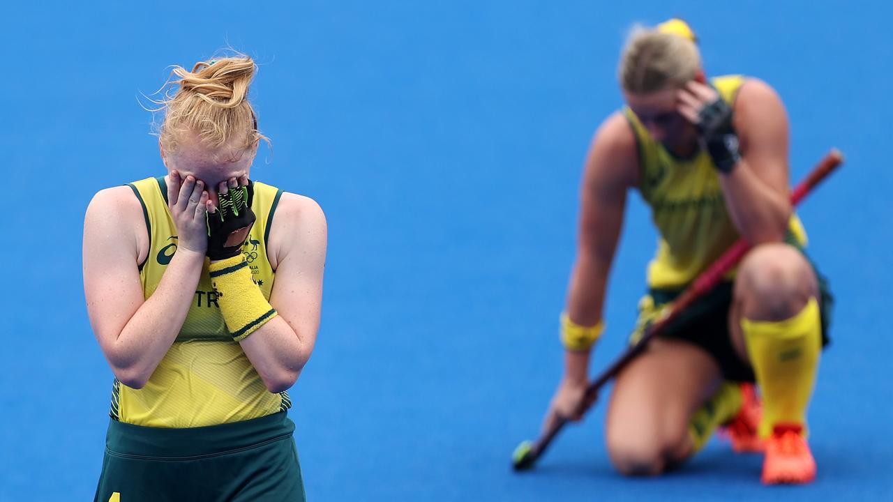 Amy Rose Lawton and Mariah Williams show Australia’s pain at the final whistle.