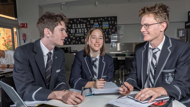 Civics Students Lachlan Duggan, Naomi Gagnon and Oliver Bastian at Adelaide High School. Picture: Ben Clark