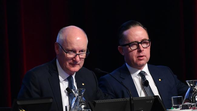 Qantas chairman Richard Goyder and CEO Alan Joyce at the AGM in Adelaide on Friday. Picture: AAP