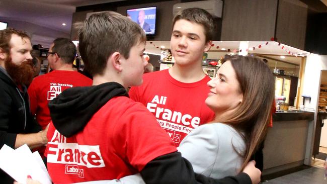 Ali France with sons Zac and Henry on election night in 2022. Picture: Steve Pohlner