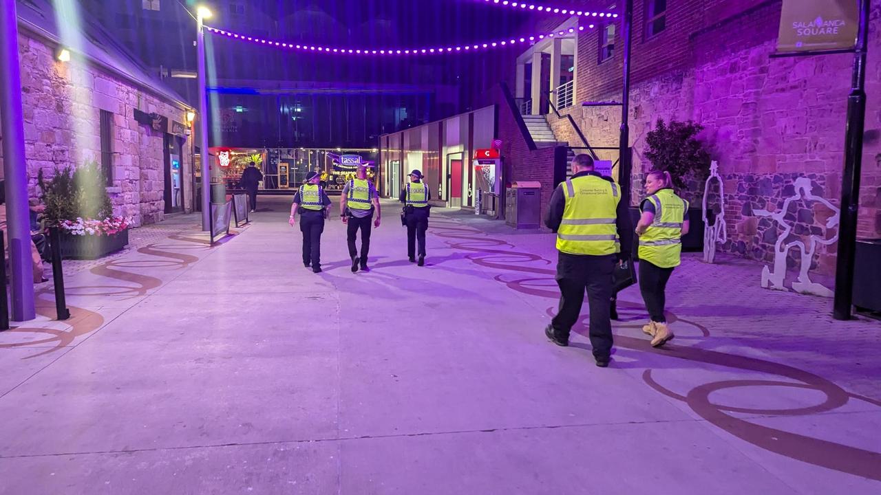 Tasmania Police compliance officers in Salamanca ensuring night venues are doing the right thing. Picture: Tasmania Police