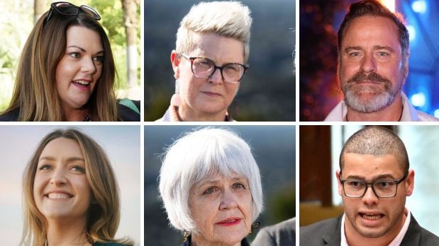 The Greens’ (clockwise from top left) Sarah Hanson-Young, Penny Allman-Payne, Peter Whish-Wilson, Jordon Steele-John, Elizabeth Watson-Brown and Steph Hodgins-May.