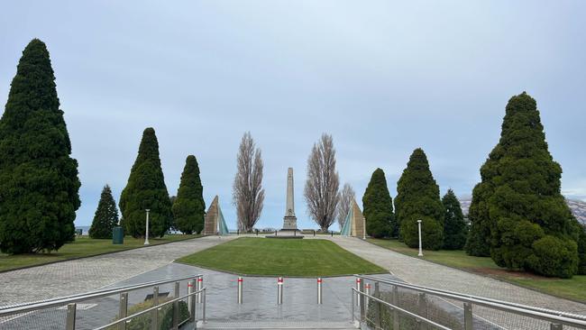 Renders showing the impact of the proposed Macquarie Point stadium from the Hobart Cenotaph released by the Macquarie Point Development Corporation.