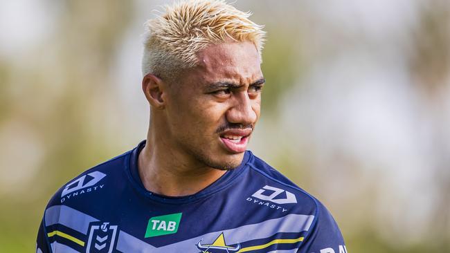 North Queensland Cowboys winger Murray Taulagi trains with his new look haircut during the 2024 NRL pre-season. Picture: Alix Sweeney / Cowboys Media