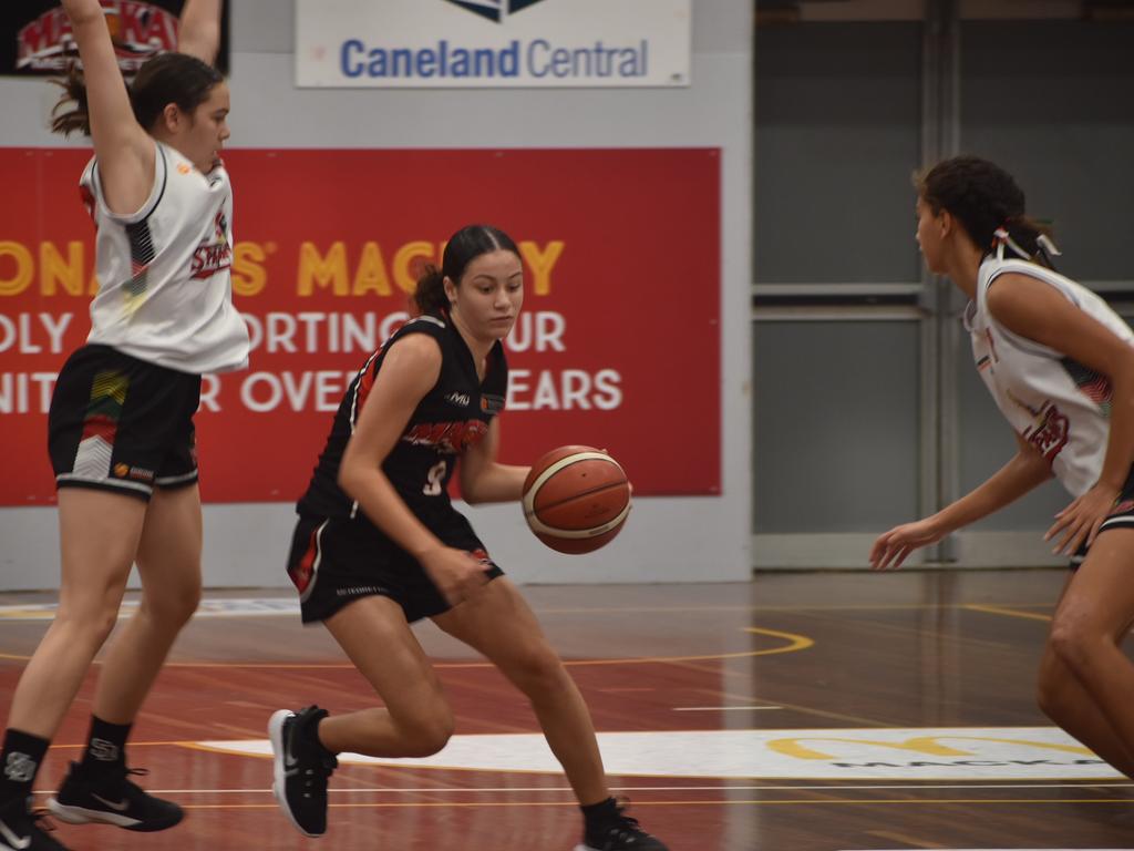 Cheyenne Bobongie at the U14 State Championships division one semi final between Mackay Meteorettes and Southern Districts Spartans in Mackay, July 9, 2021. Picture: Matthew Forrest