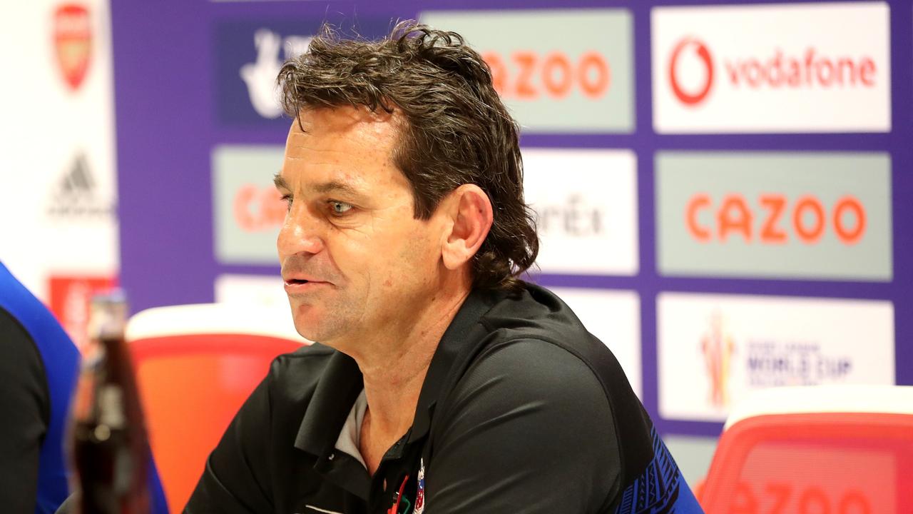 LONDON, ENGLAND - NOVEMBER 12: Matt Parish, Head Coach of Samoa speaks to media following their side's victory in the Rugby League World Cup Semi-Final match between England and Samoa at Emirates Stadium on November 12, 2022 in London, England. (Photo by Henry Browne/Getty Images for RLWC)