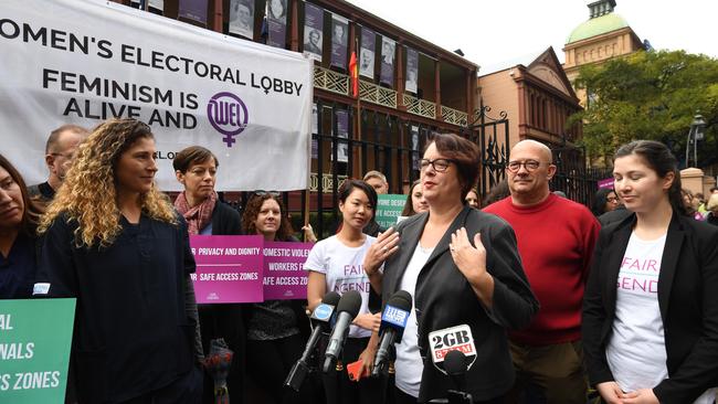 Labor MP Penny Sharpe addresses supporters of creating a safe access zone around abortion clinics outside NSW Parliament House today. Picture: AAP Image/Peter Rae