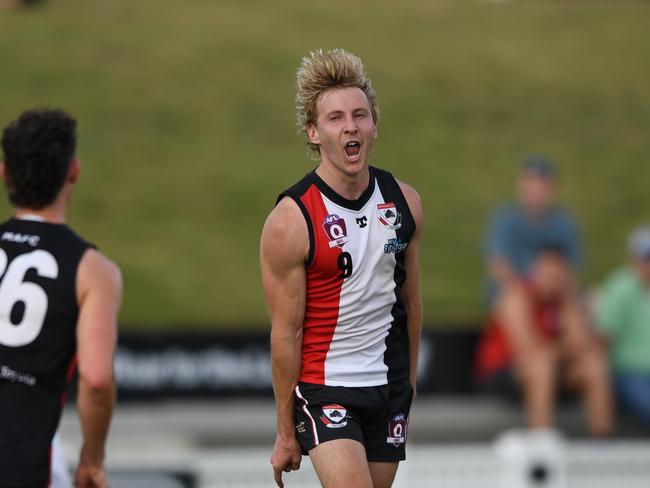 Jacob Lohmann celebrates a goal in the 2024 QAFL grand final. Picture: Highflyer Images.